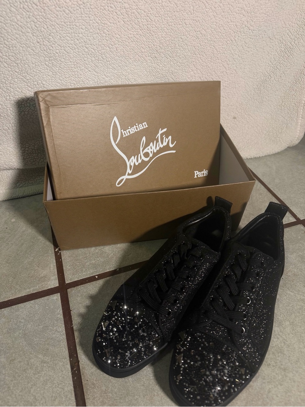 Christian Louboutin Black Glitter Low-Top Sneakers with Sparkle Toe